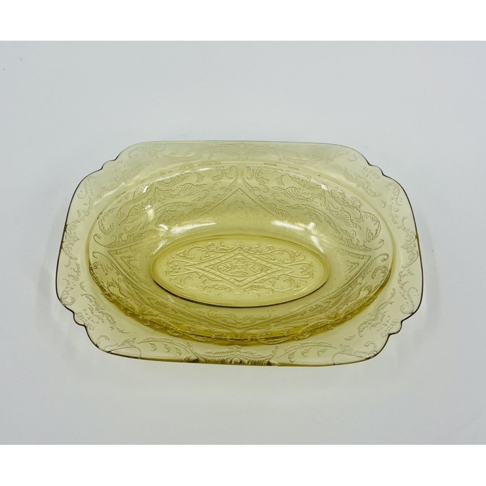 Vintage Federal Glass Depression Madrid Amber Yellow Oval Serving Bowl Platter